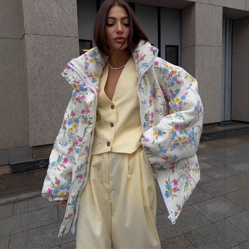 TARUXY Printed Stand-Up Collar Zipper Padded Coat Women's Fashion Long Sleeve Pocket Loose Padded Jacket Winter New Casual Wear