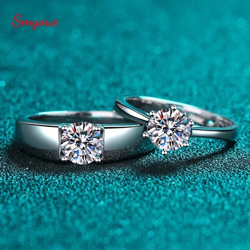 Smyoue D Color 1CT Moissanite Cincin Pasangan Kekasih Solitaire Cincin Janji Pernikahan 925 Cincin Halo Brilian Berlapis Platinum Perak