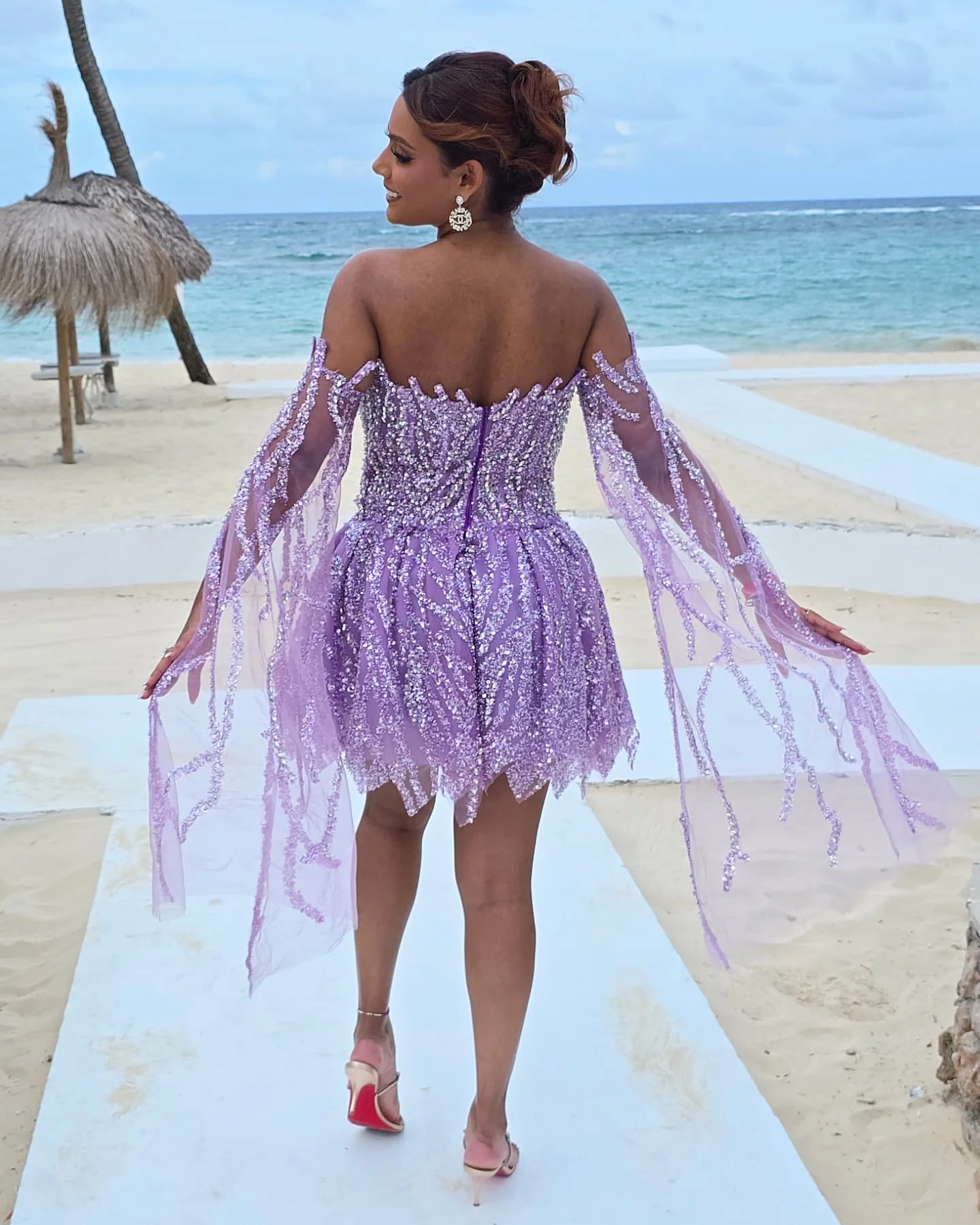 فستان لافندر مكشوف الكتفين من التول ترتر قصير على شكل حرف a لحفلات الزفاف على الشاطئ فساتين أنيقة بوهو ثوب مسائي صيفي رومانسي #3