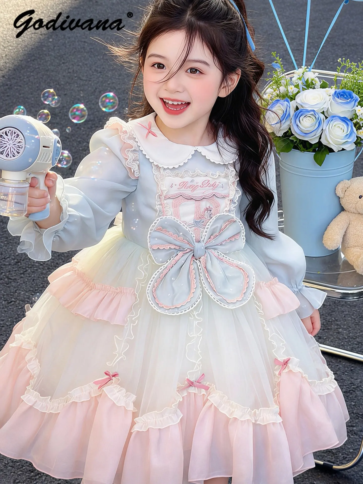 Sweet Baby Girls 2026 New Spring Lolita Princess Dress Kids Doll Collar Lace Trim Long Sleeve Ruffle Cake Mesh Bow Ball Gown