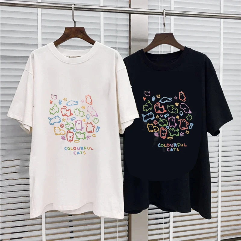 

Women Tees Colorful Cat Baby Trendy Short Sleeved T-shirt Original Colorful Cat Pose Cute Couple Women Harajuku