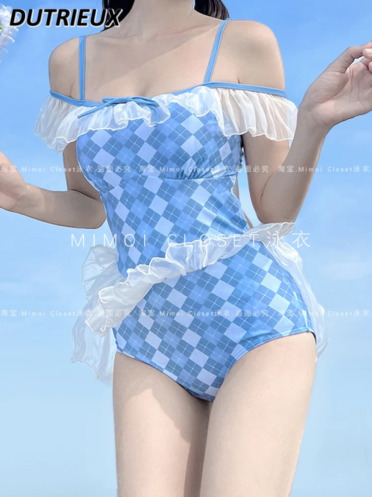 Summer New Blue Plaid Off-Shoulder Swimwear Pure Desire Style One-Piece Swimsuit Japanese Cute Hot Spring Bathing Suit for Women