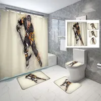 Ice Hockey Player Shower Curtain Set Goalkeeper In Puck 4 Pcs Shower Curtain Bathroom Non-Slip Bath Mat Toilet Cover Curtain Set