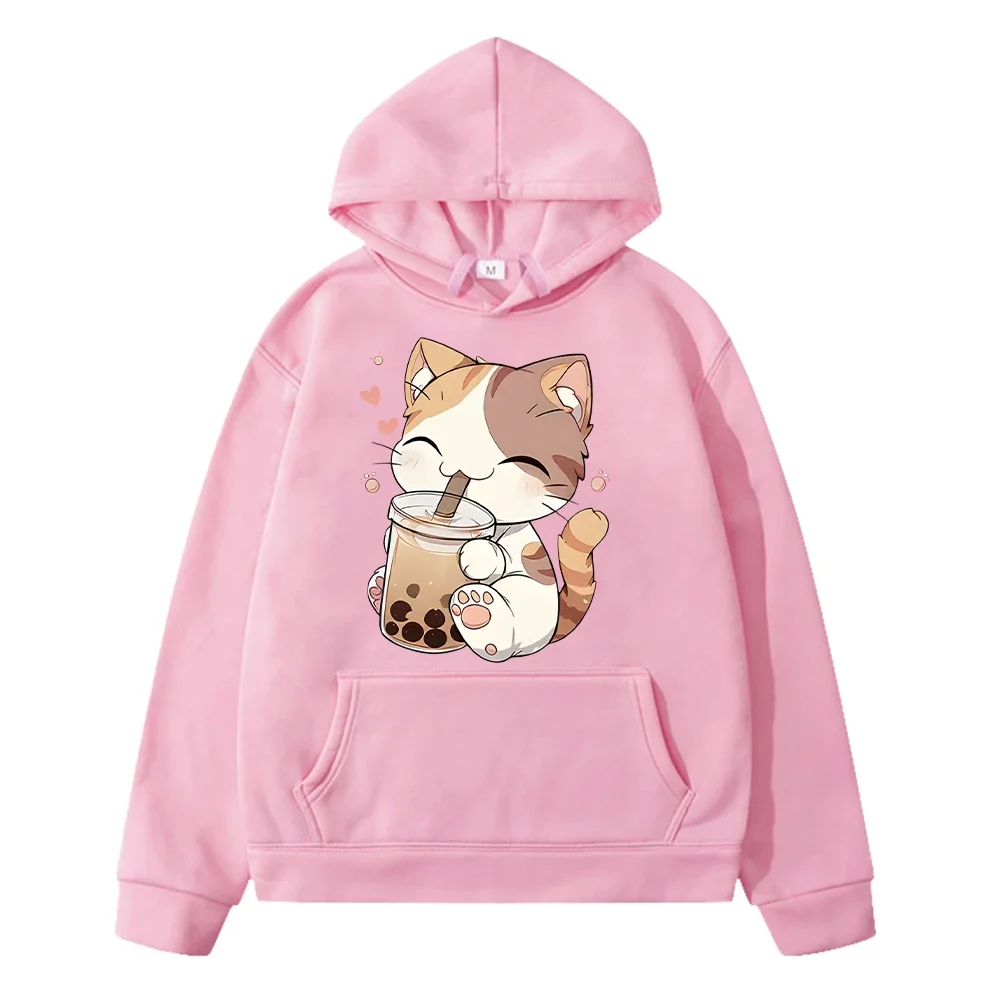 Cute Cat And Bubble Tea Print anime hoodie Fleece Sweatshirt y2k sudadera pullover boy jacket Kawaii Hoodies kids clothes girls