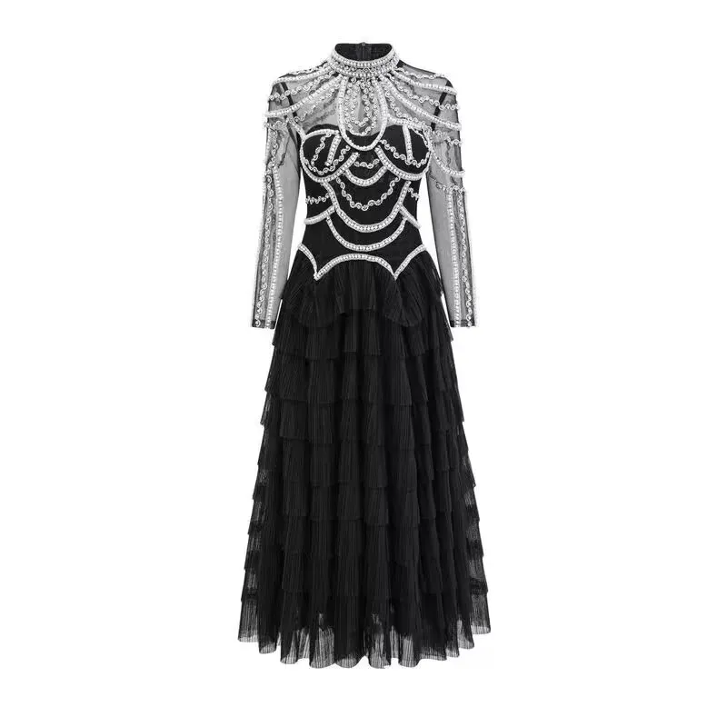 

Shining Diamonds Pearl Beading Sexy See Through Mesh Ball Gown Dress Woman Birthday Party Vestido Celebrity Party Outfit