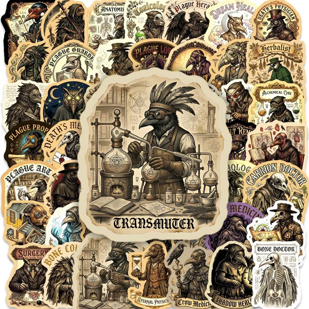 50Pcs Gothic Plague Doctor Stickers, Vintage Steampunk Crow Decals for DIY Scrapbook & Luggage Golden Memory Stickers Store