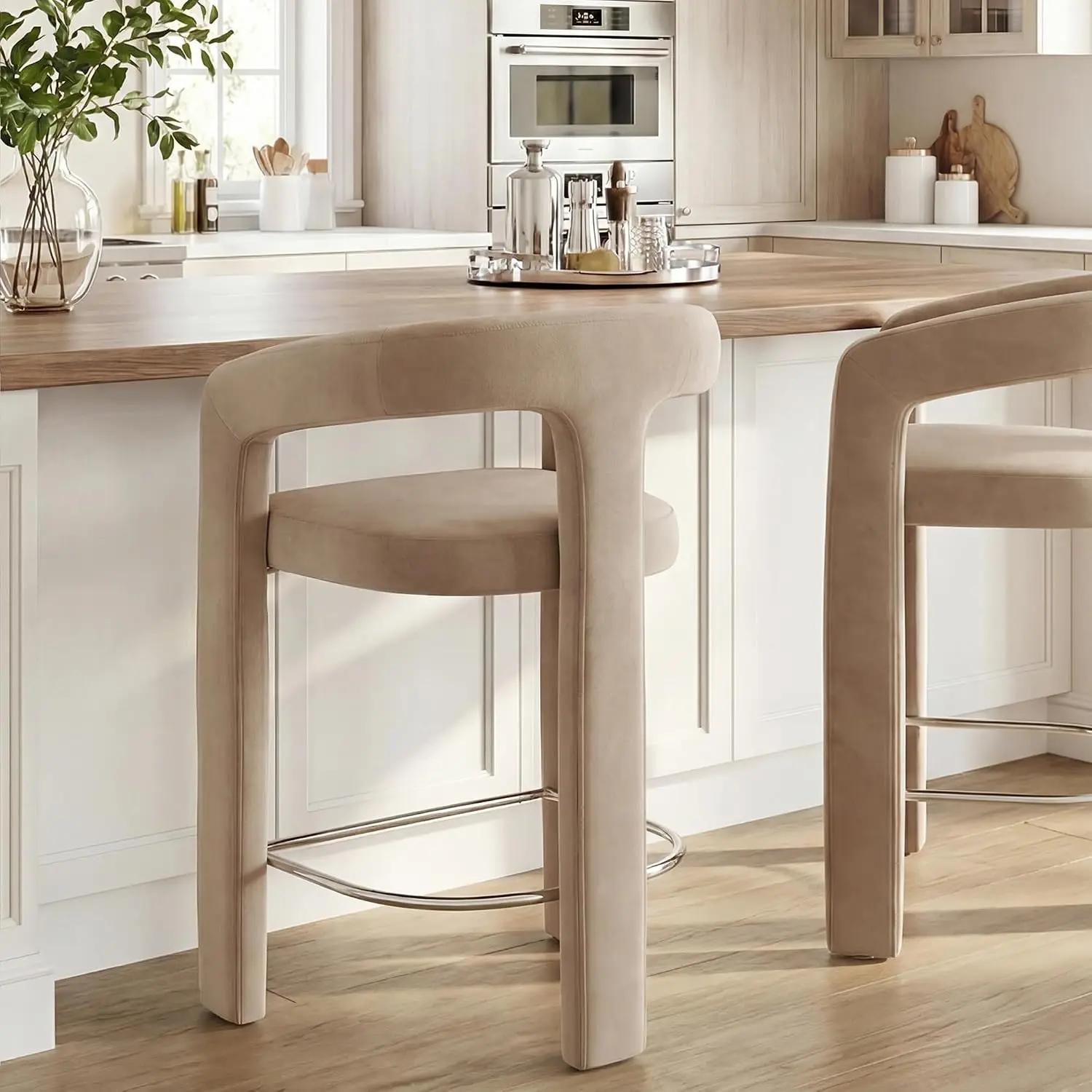 Barrel Bar Stool 26in Velvet Counter Stool Open Back Armrest Kitchen Island Home Bar Dining Room No Assembly Khaki, Customized