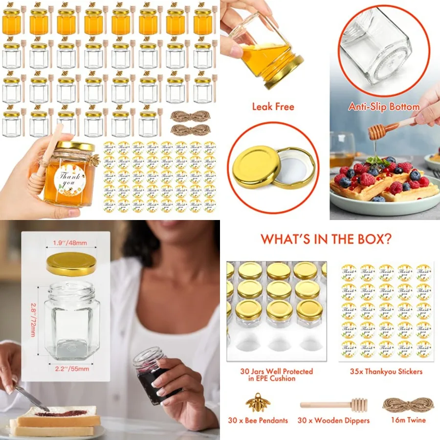 Mini Frascos de Miel de 3oz con Cucharilla, Paquete de 30, Frascos de Vidrio Vacíos para Recuerdos de Baby Shower/Bodas para Invitados - Mini Frascos con Tapa de Madera