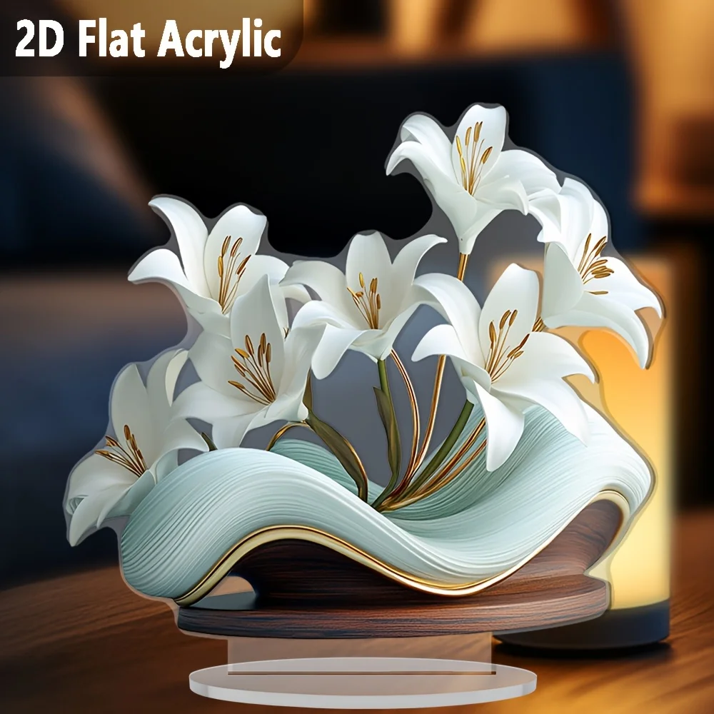 2D Flat, 2D Flat Elegant Bohemian Style White Lily Acrylic Ornament | Multi-functional Desktop Wall Art, Suitable for Home, Offi