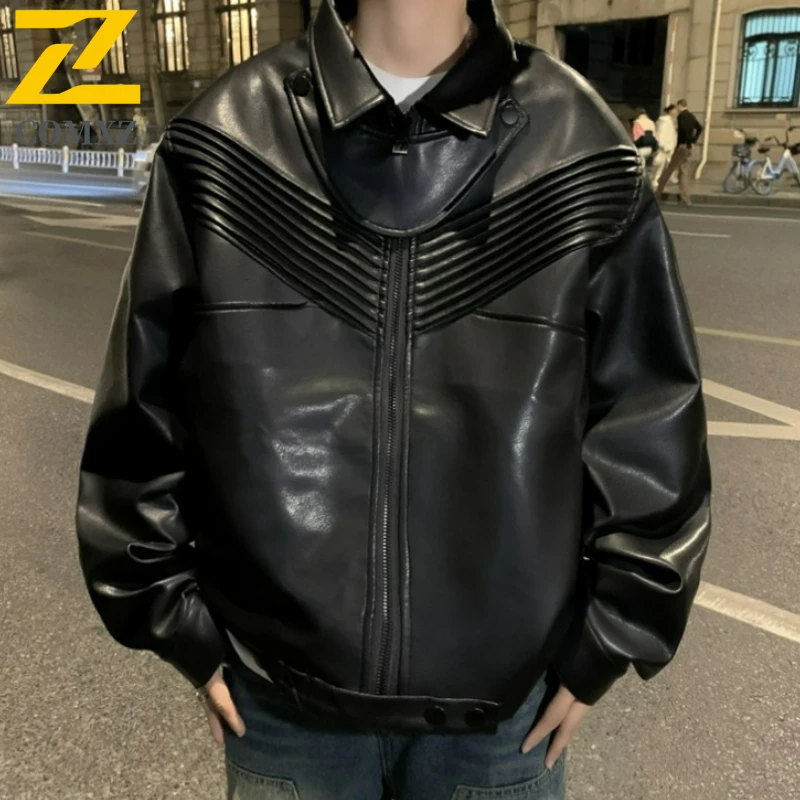 

COMXZ Premium Men Motorcycle Jacket Classics Turndown Collar Cycling Short PU Leather Coats Trendy Loose Fit Spring Autumn Coat​