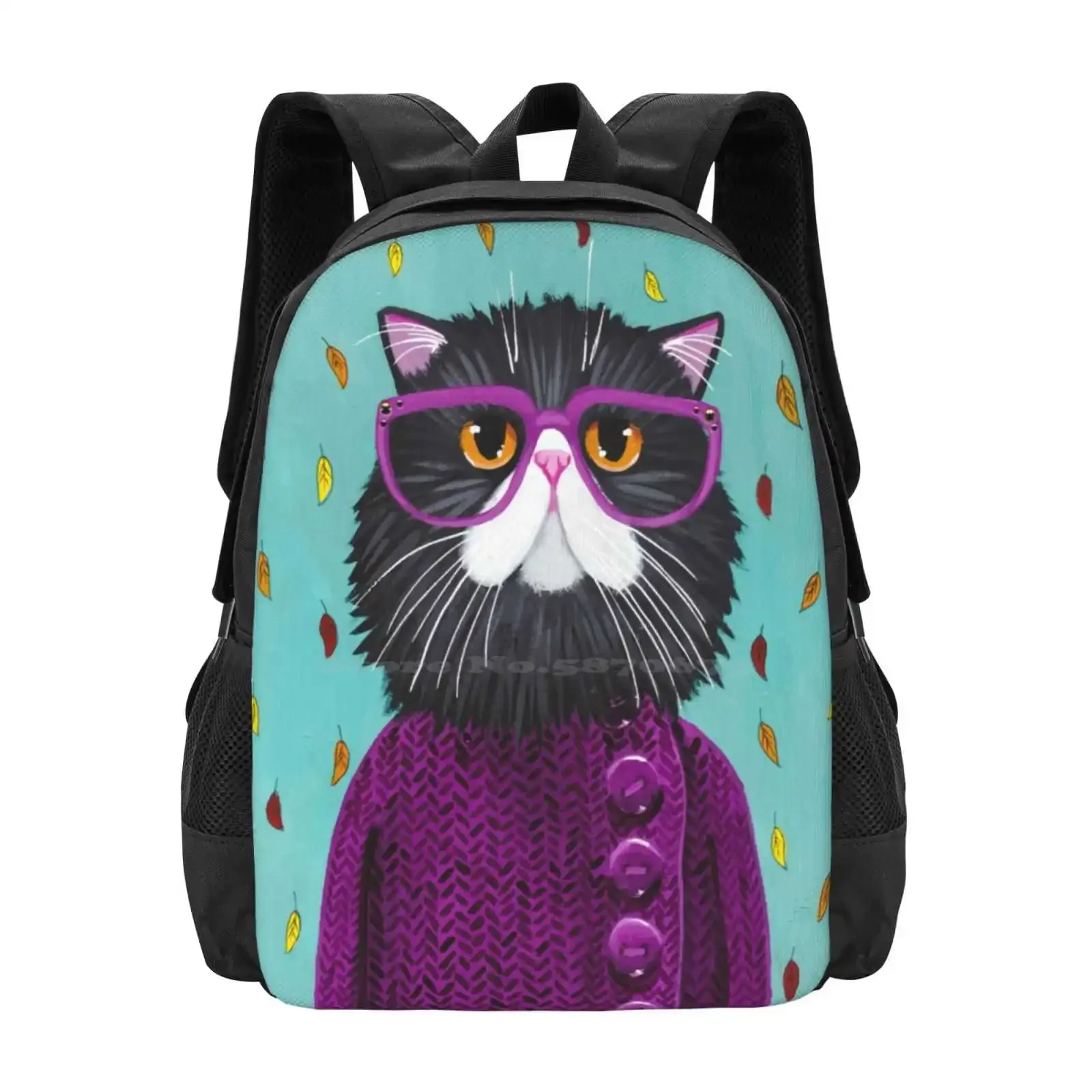 Cat'S New Autumn Coat Fashion Pattern Design Travel Laptop School Backpack Bag Original Folk Art Autumn Kitty Cat In Glasses