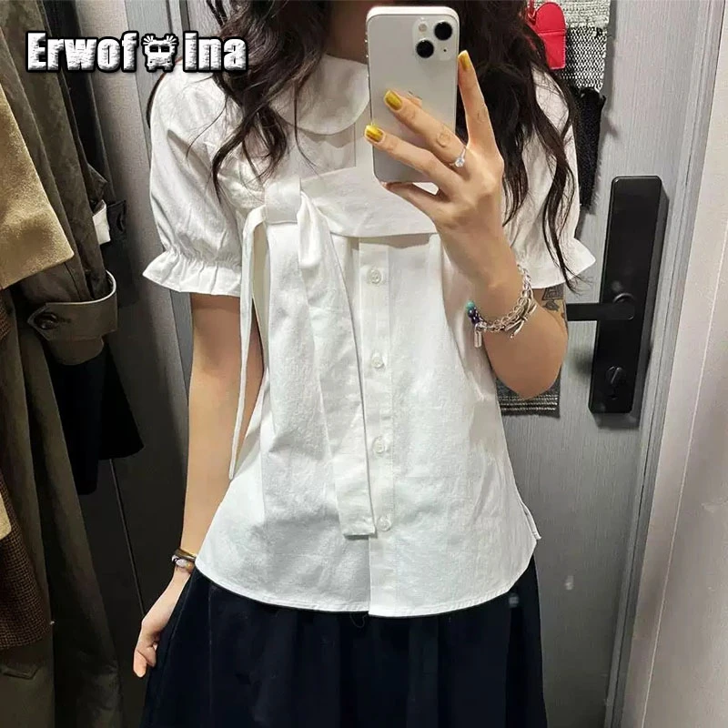 Erwofeina, camisas con cuello Peter Pan de estilo preppy para mujer, blusas blancas con lazo de manga corta, Tops de verano, ropa de estilo coreano para mujer, blusa