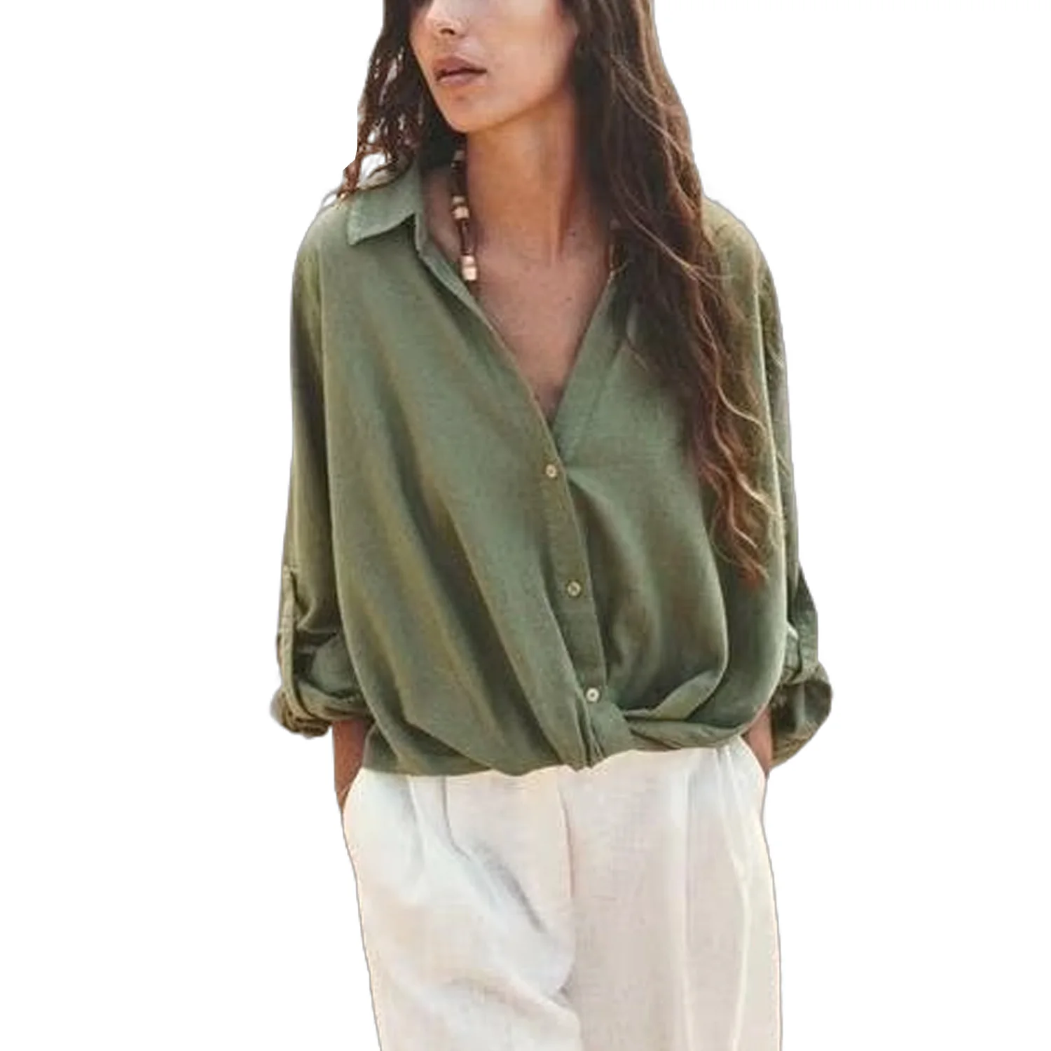 Single Breasted Long Sleeved Top for Women Linen Material Knot Decoration Casual Curled Edge New