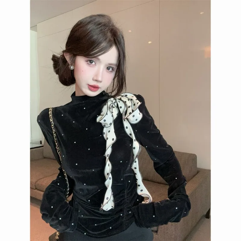 تصميم عصري ريترو البولكا نقطة المخملية مطوي التعادل التخسيس و الشكل المعانقة تي شيرت المرأة الخريف الراقية يشعر معطف #1