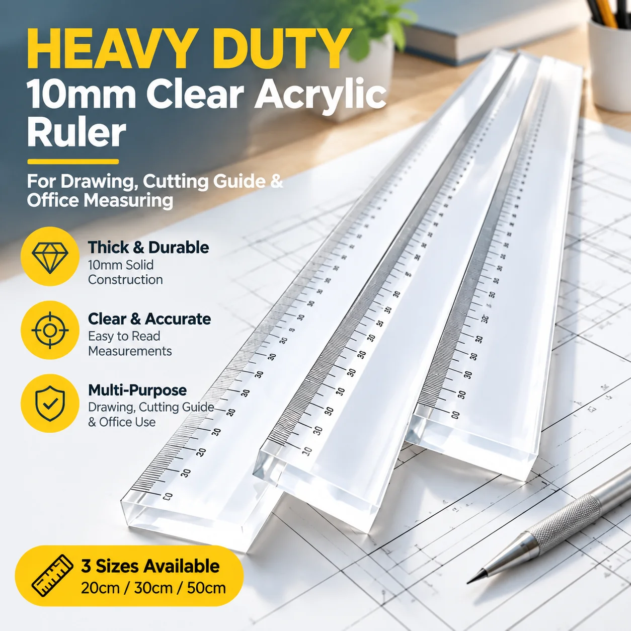 Heavy Duty 10mm Thick Clear Acrylic Ruler for Drawing, Cutting Guide & Office Measuring, 20/30/50cm
