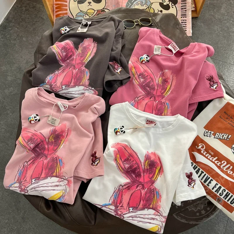 Summer Women Cartoon Rabbit Painting Leisure Half Sleeve Round Neck Girl Pullover Short Sleeve T-shirt Cute Female Tops image 2