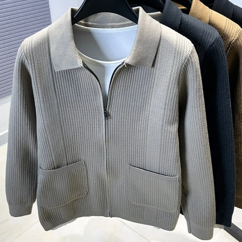 Man's New Autumn High-quality Pullover Sweater Solid color Zipper Plaid pocket Knitted sweater Coat Casual Jacket Men's clothing