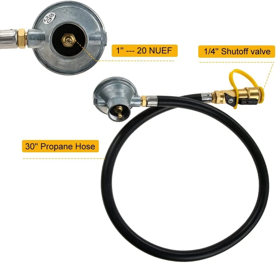 Low Pressure 1LB Propane Tank Gas Regulator Valve with 1/4'' Quick Connect Shut Off Valve & 30Inch Propane Hose for Grills Stove