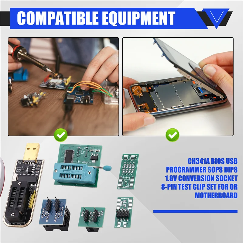 AB53 CH341A Programmatore USB BIOS SOP8 DIP8 Presa di conversione 1.8V Set di clip di prova a 8 pin per Iphone o scheda madre