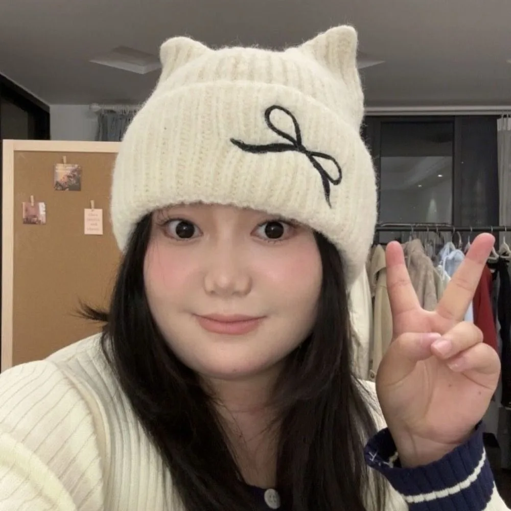 패션 단색 고양이 귀 비니 두꺼운 방풍 니트 울 모자 따뜻하게 유지하는 올매치 니트 스컬리 가을용