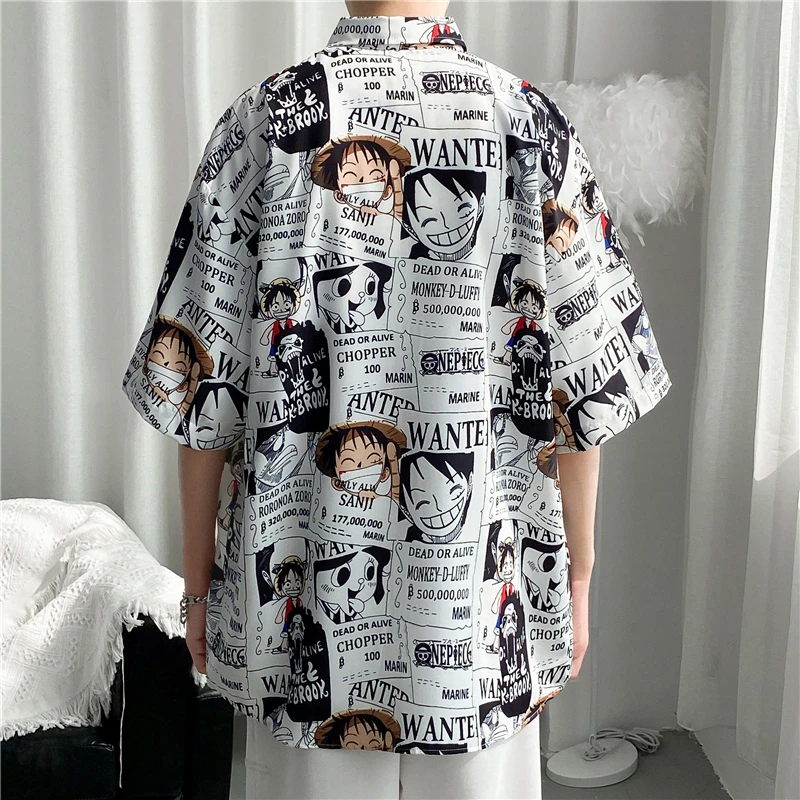 One Piece Luffy Zoro Chopper BROOK Printed Three-quarter Short-sleeved Shirt for Men Summer Thin Loose Casual Half-sleeved Shirt