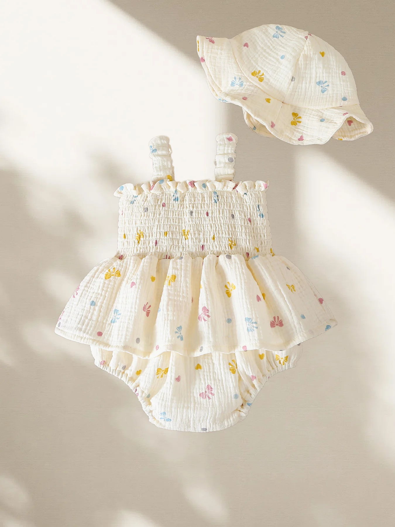 0-24 M Baby Girls Camisole Bodysuit Ruffle Style Cotton Toddler Girls One Piece Infant Outfit With Hat Sweet Full Of Bow Print