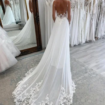 Plaj A Kesim Şifon Gelinlikler Seksi V Yaka İnce Askılı Sırtı Açık Düğme Aplikeli Boho Gelinlikler Vestido De Novia 8 best sales Dantel denizkızı gelinlik - №6