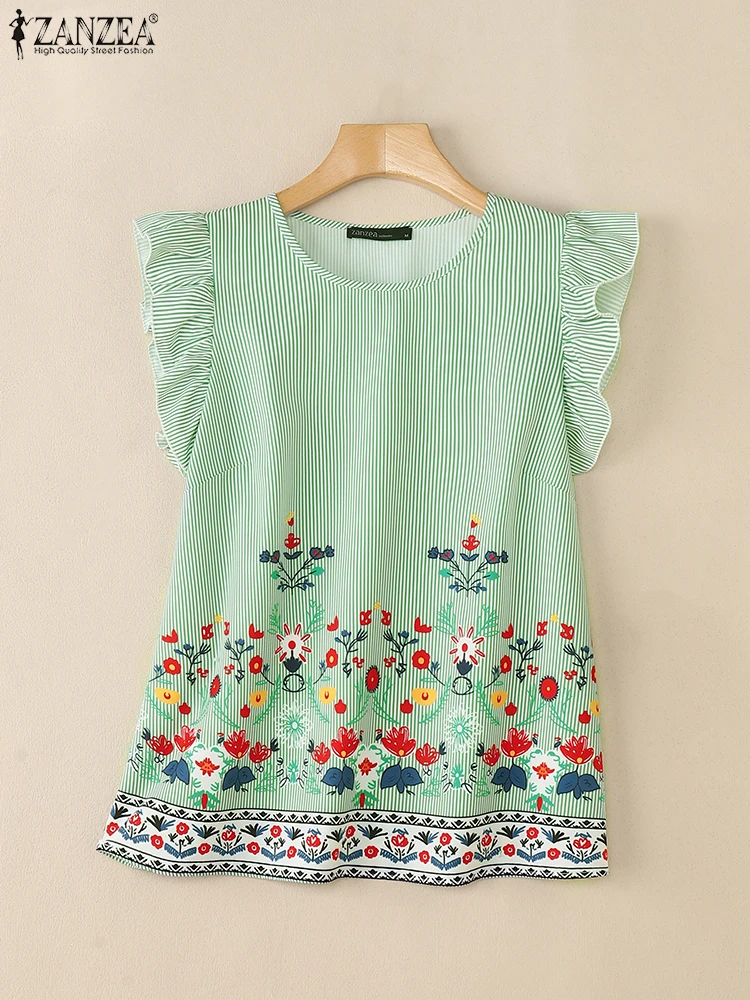 Women Sleeveless Stripe Printed Blouse 2025 ZANZEA Summer Bohemain Holiday Tanks Tops Casual O Neck Blusas Loose Camis Oversize