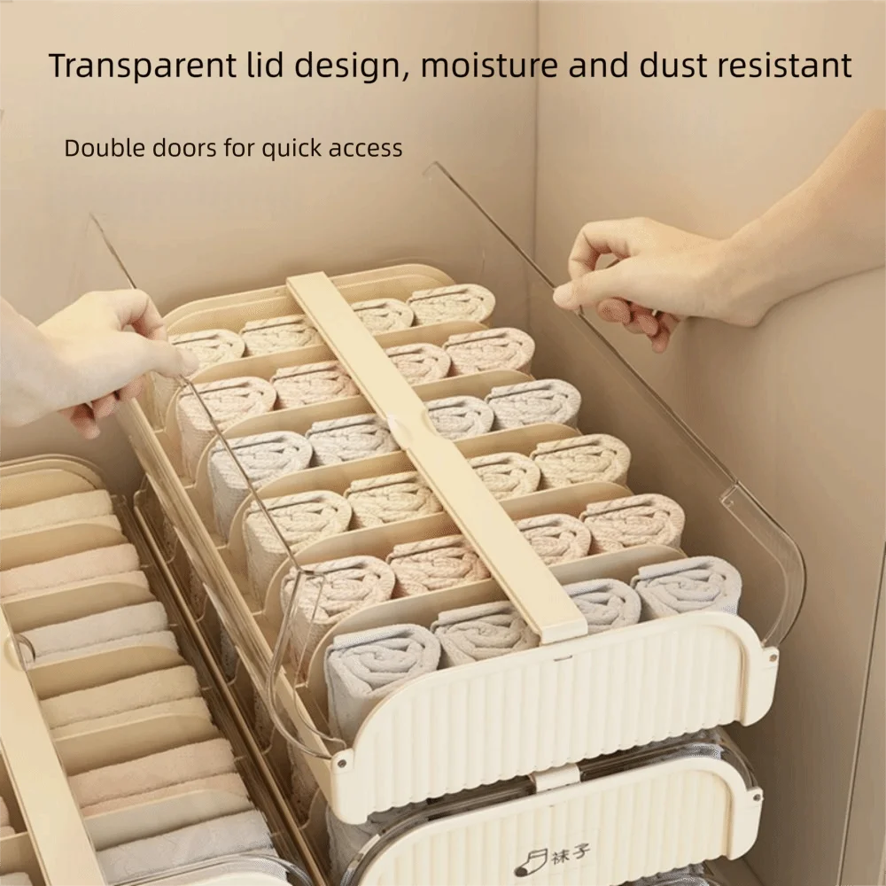 12 Grids Underwear Storage Box Stackable Clear Cover Sock Storage Case Space Saving Partition Design Closet Underwear Bin