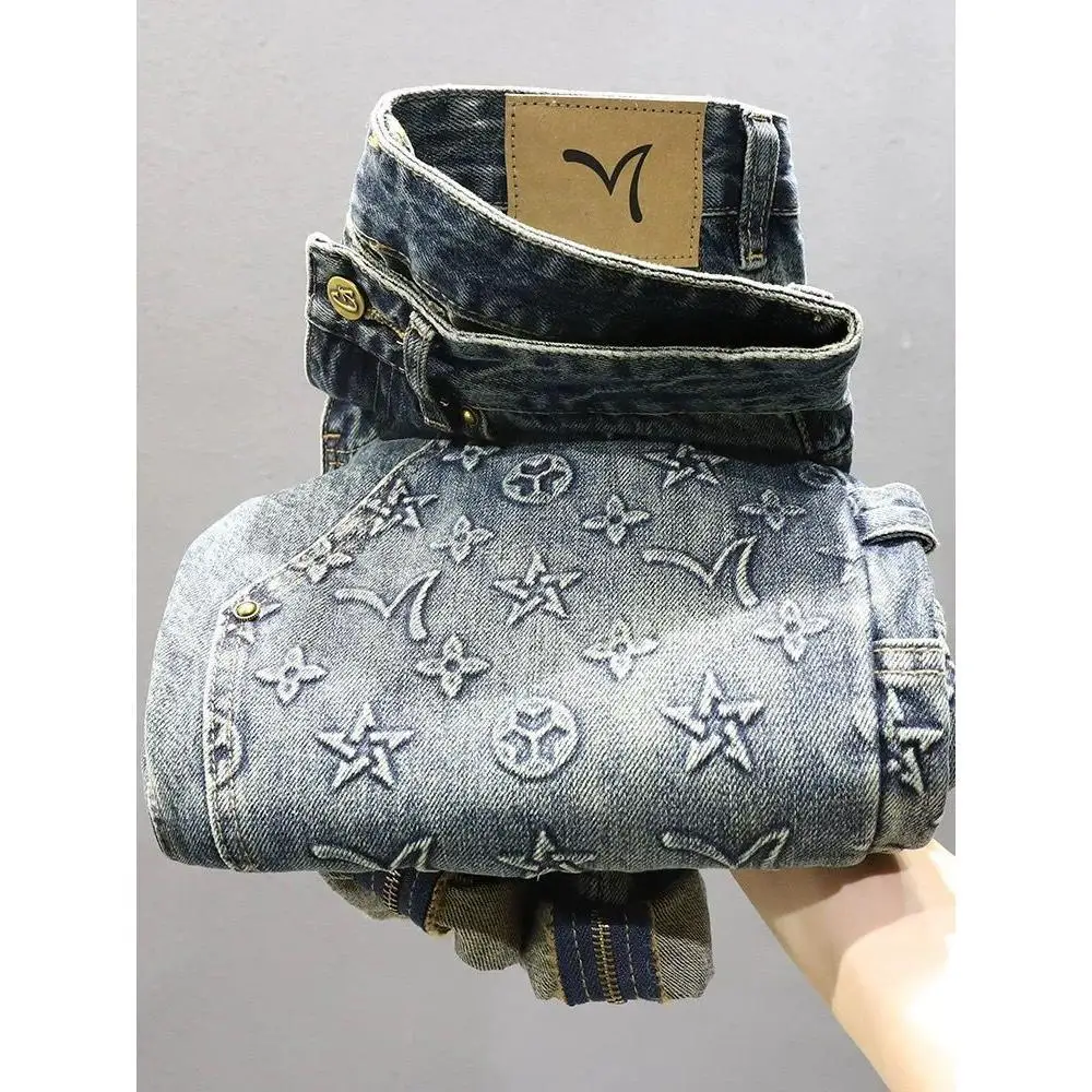 Men's casual straight-leg printed jeans autumn and winter new mid-waist loose trousers trendy tube trousers