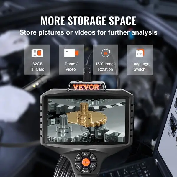 VEVOR トリプルレンズ工業用内視鏡、5' IPS スクリーンボアスコープ検査カメラ、ライト付き、分割画面、8x ズーム、IP67 防水