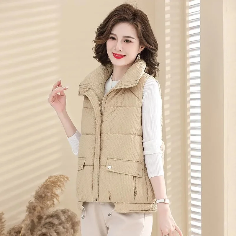 

Хлопковый пуховый жилет для мамы, женские новые парки, зима 2025 г., свободный жилет, верхняя одежда, женская куртка без рукавов с воротником-стойкой