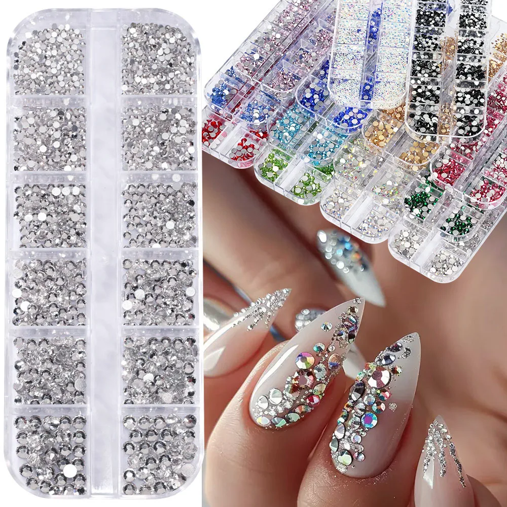 12 Gitter, 3D-weiße Nail-Art-Strasssteine und 2 Werkzeuge, gemischte Größen, flache Rückseite, rundes Glas, Diamant-Nagel-Charms, DIY-Handwerk, Maniküre-Zubehör – Detail 4