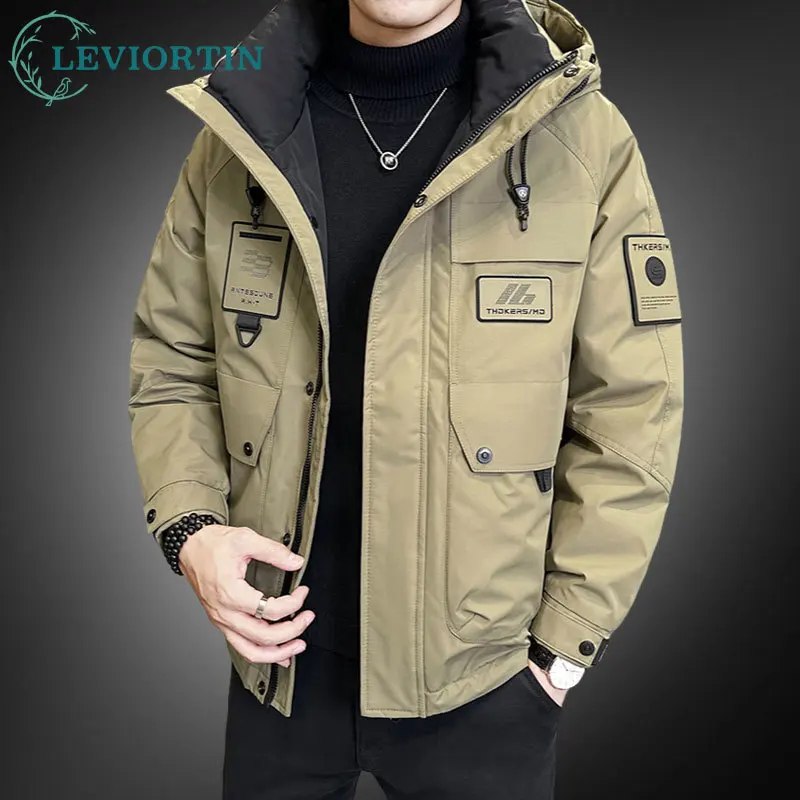 Fall Winter Men\'s Cargo Hooded Down Jacket Hip Hop Cold And Warm Functional Tooling Coats Comfortable Outdoor Workwear Down Coat