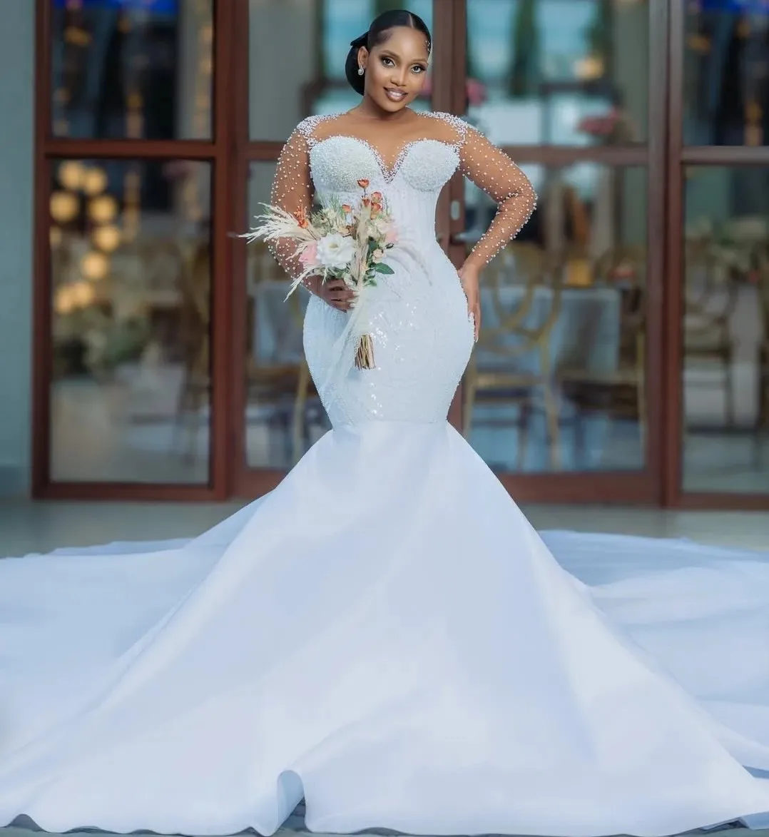 

Black Girls Wedding Dress 2025 Detachable Train Sheer Neck Pearls Beads Sequins Mermaid Bride Gowns Vestidos De Novia