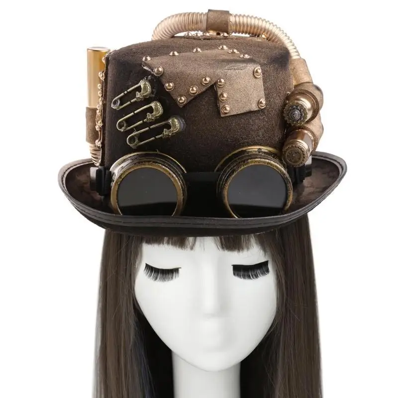 

652f Steampunk Men Hat с Goggles Gay Top Hat Hat Hat Hat Gothic Steampunk Top Hat для мужчин без скольжения.