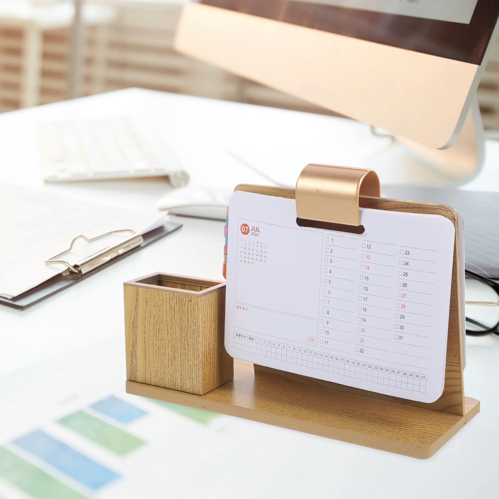 

2024 Wooden Desktop Calendar With Storage Box, Multifunctional Desk Organizer For Pens Sundries, Monthly Planner Holder For Home