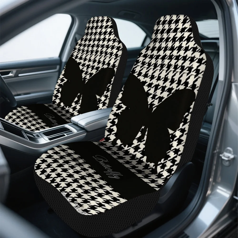 2pcs, Butterfly Silhouette Houndstooth Contrast Design Car Seat Covers, Comfortable And Foldable, Fit For Most Vehicles, Great