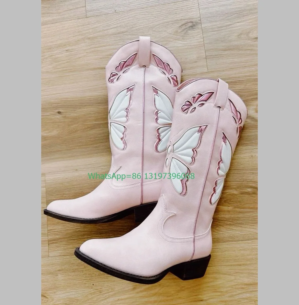 Lady pink chunky heel cowboy printed design boots pointed toe vintage style cowboy boots size 35-46 retro pink punk style boots