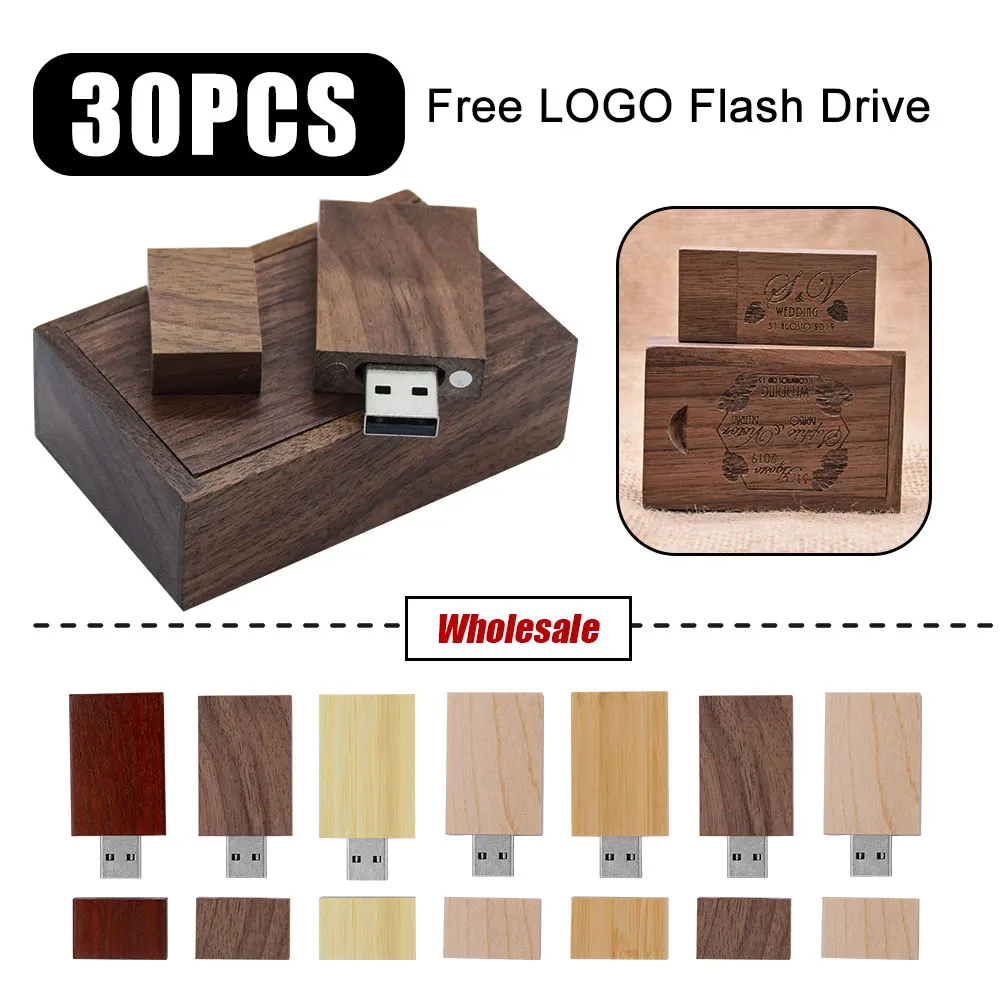 Logotipo personalizado Walnut Beans Madeira Flash Memory Stick, Pen Drive, Fotografia, Presente de Casamento, Livre, USB 2.0, 4GB, 8GB, 64GB, 32GB, 30 unidades por lote