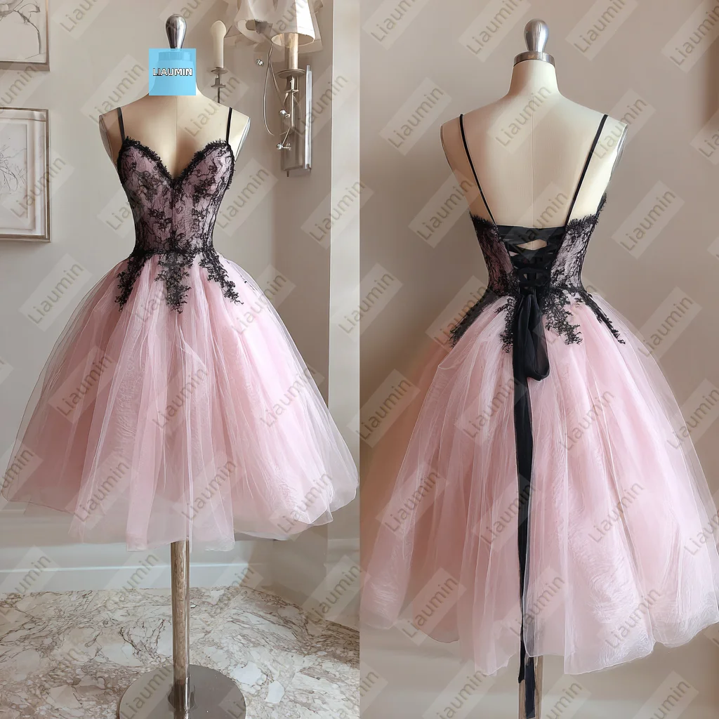 

Pink Tulle Spaghetti Straps Black Lace Applique Knee Length Evening Party Prom Formal Dress Lace-up Back Customized A7-1.45