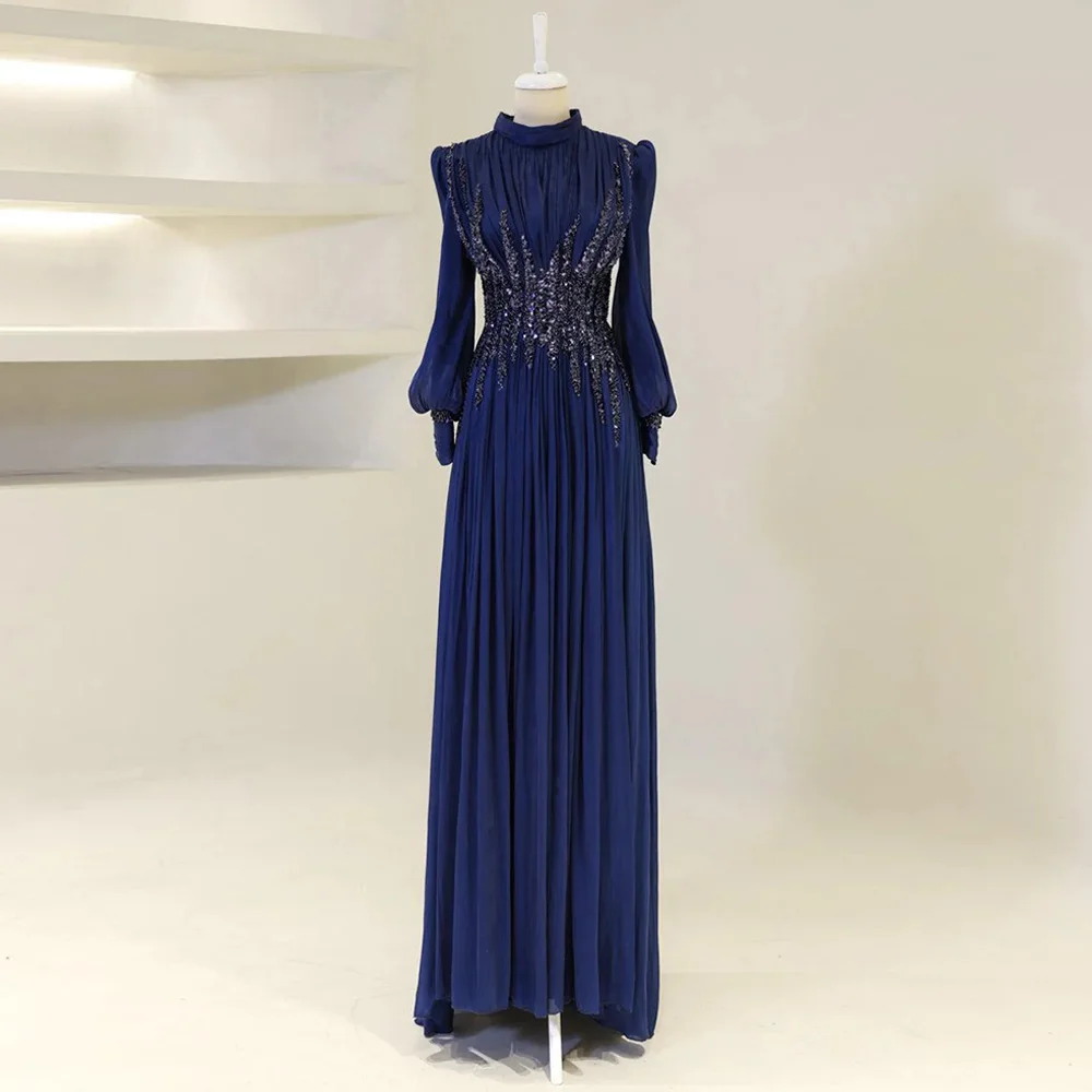 Robe de soirée bleu marine personnalisée, luxe, col haut, manches bouffantes, plis, perles, pierres, robe de soirée, robes de bal, arabe saoudien