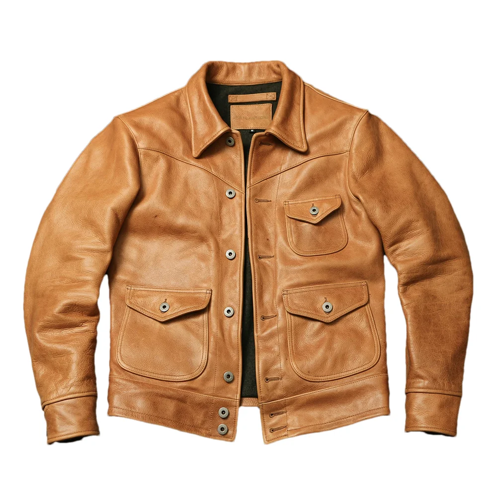 Yellow Autumn Leather Jacket Men Plue Size 5XL Retro Style Single Breasted Genuine Natural Thick Cowhide Short Leather Coat