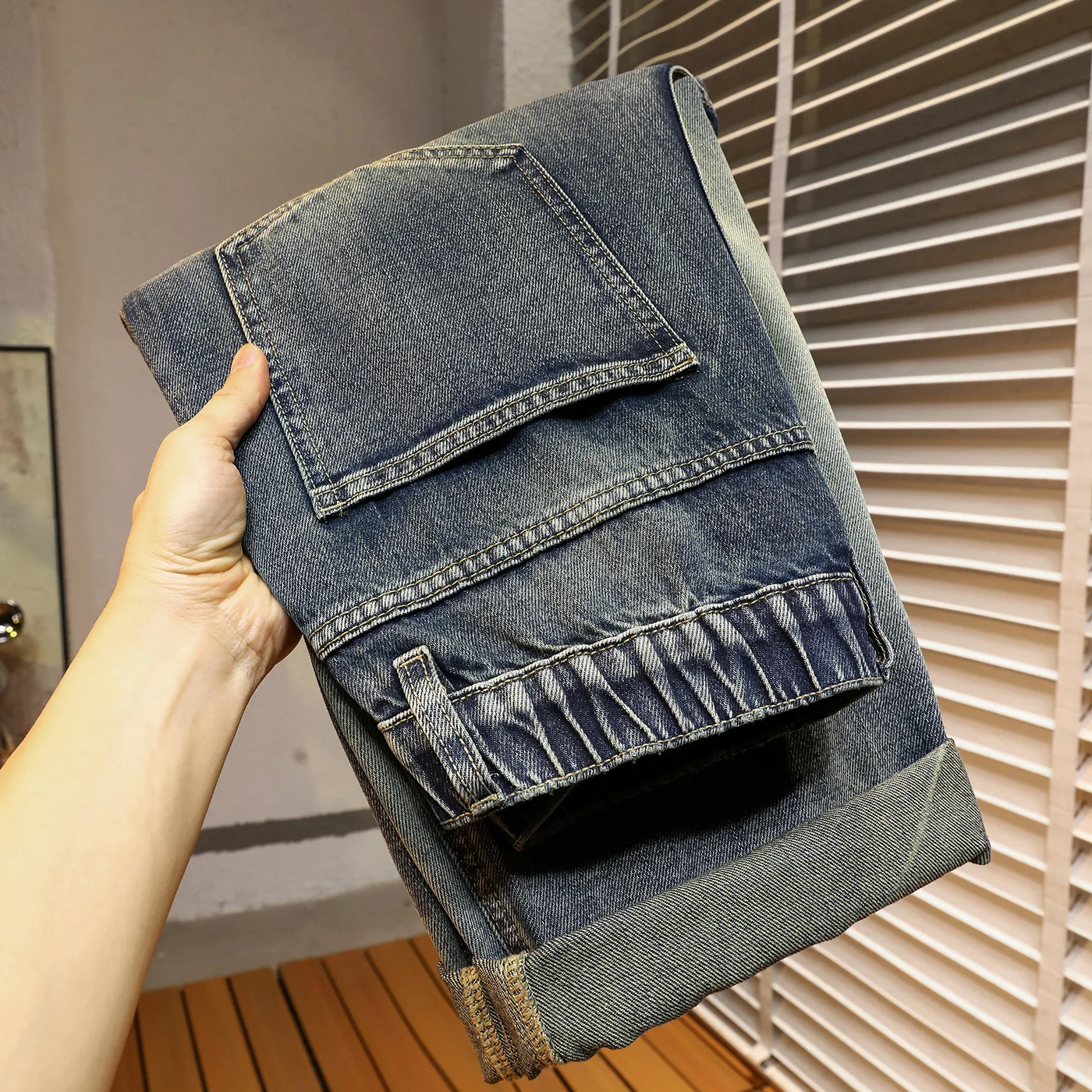 Men's Retro Washed Vintage Blue Jeans Trendy American Minimalist Loose Straight-Leg Denim Comfortable Pants
