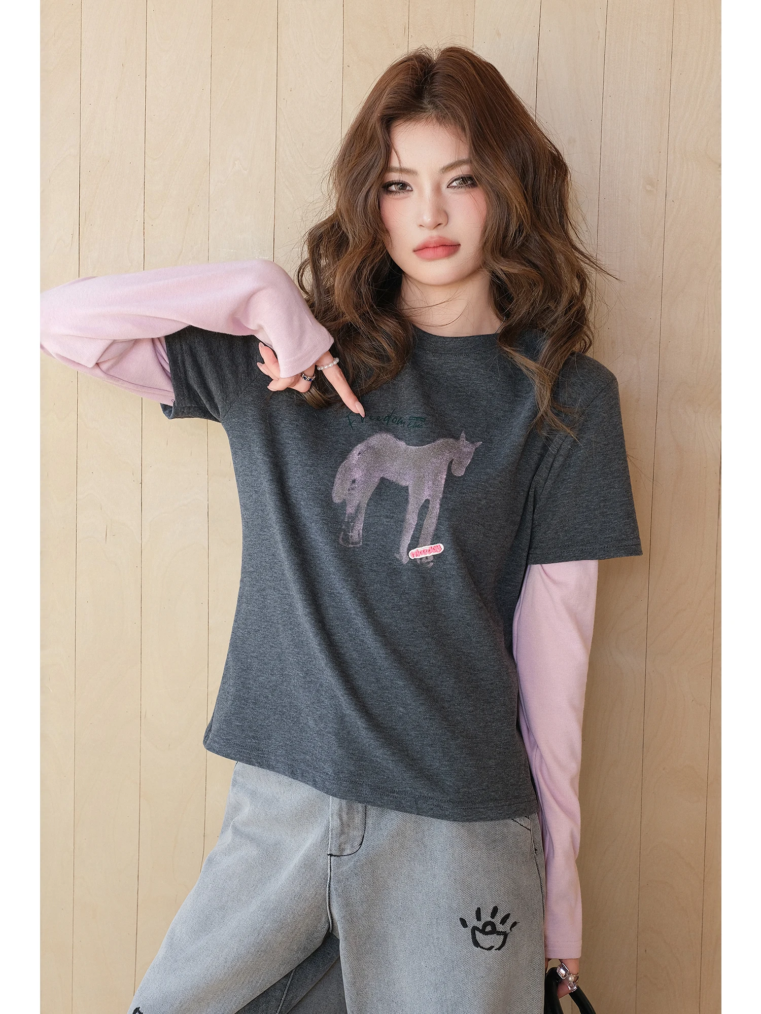 

MIUCO Casual Sle Long Sve Cotton T-irt Women's Print Patchwork Fake Two-Piece Design Breathable Skin-Friendly Spring F...