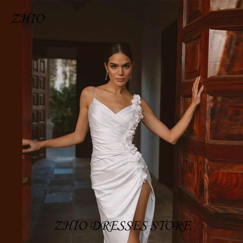 

ZHIO Sexy Mermaid V-neck Wedding Dress Satin Pleated 3D Flower High Side Seam Bridal GiftCustomized платье вечернее