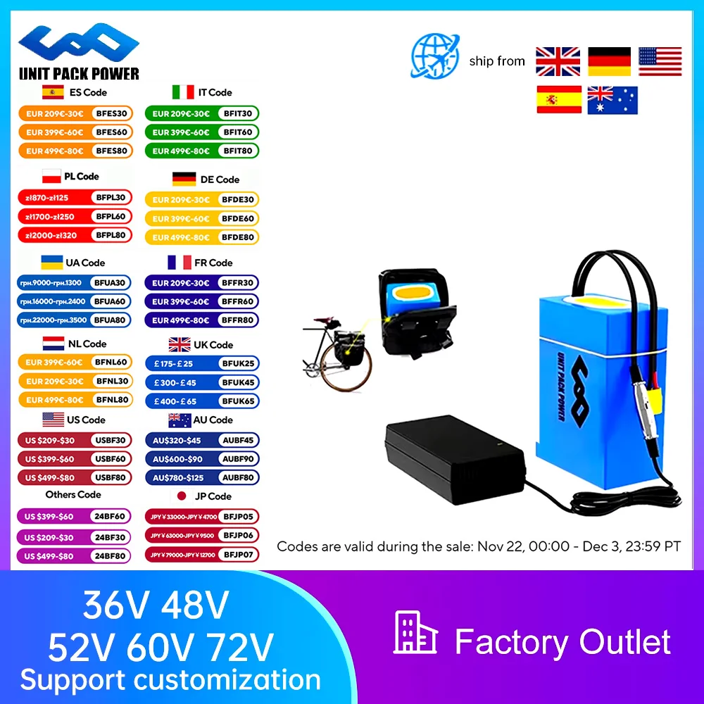 72V 20AH Electric Battery 52V 60V 48V 36V 24Ah 18650 Rechargeable Lithium ion  Battery Pack for 1500W Bicycle Scooter Motorcycle