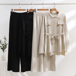 Casual Knit Pant Sets Belt Bandage Cardigan Tracksuit Matching Set Women Loungewear Elegant Knitted Two Piece Set For Women 2024