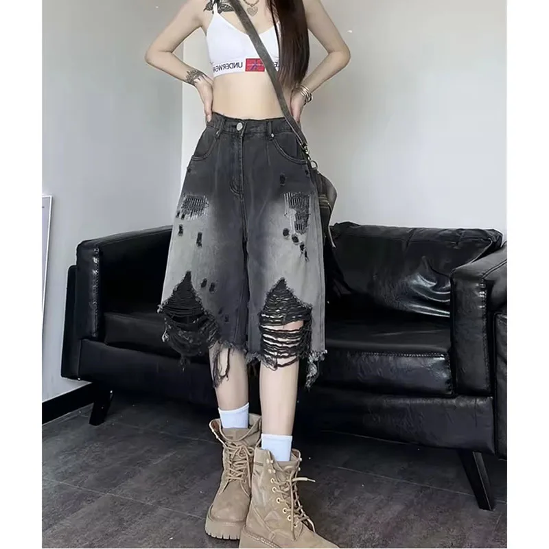 Zomer Dames Streetwear Vintage Gradiënt Jeans Shorts Amerikaanse Retro Hip Hop Gat brekend ontwerp Cowboy vijfkwart denim broek