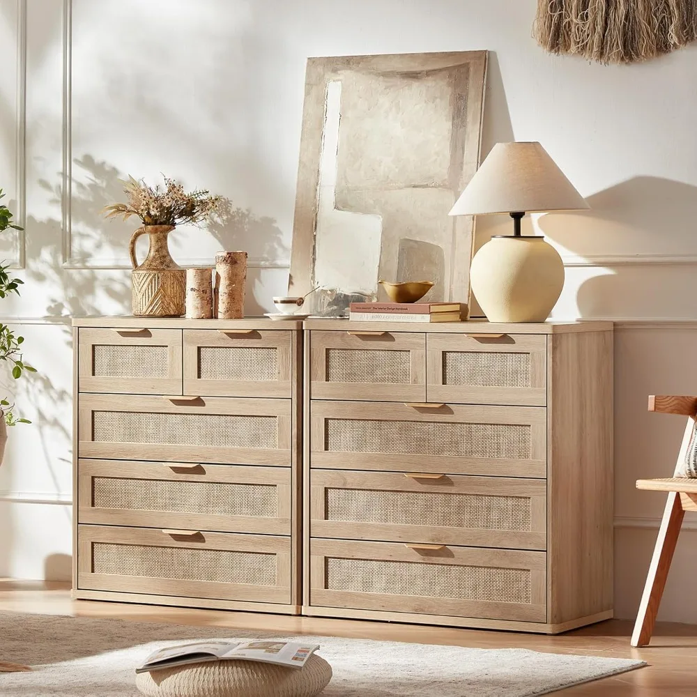 خزانة روطان لغرفة النوم، خزانة ذات أدراج بطول 33.5 بوصة، خزائن بوهو حديثة ذات 5 أدراج مع مساحة تخزين، خزانة خشبية من خشب البلوط الخفيف